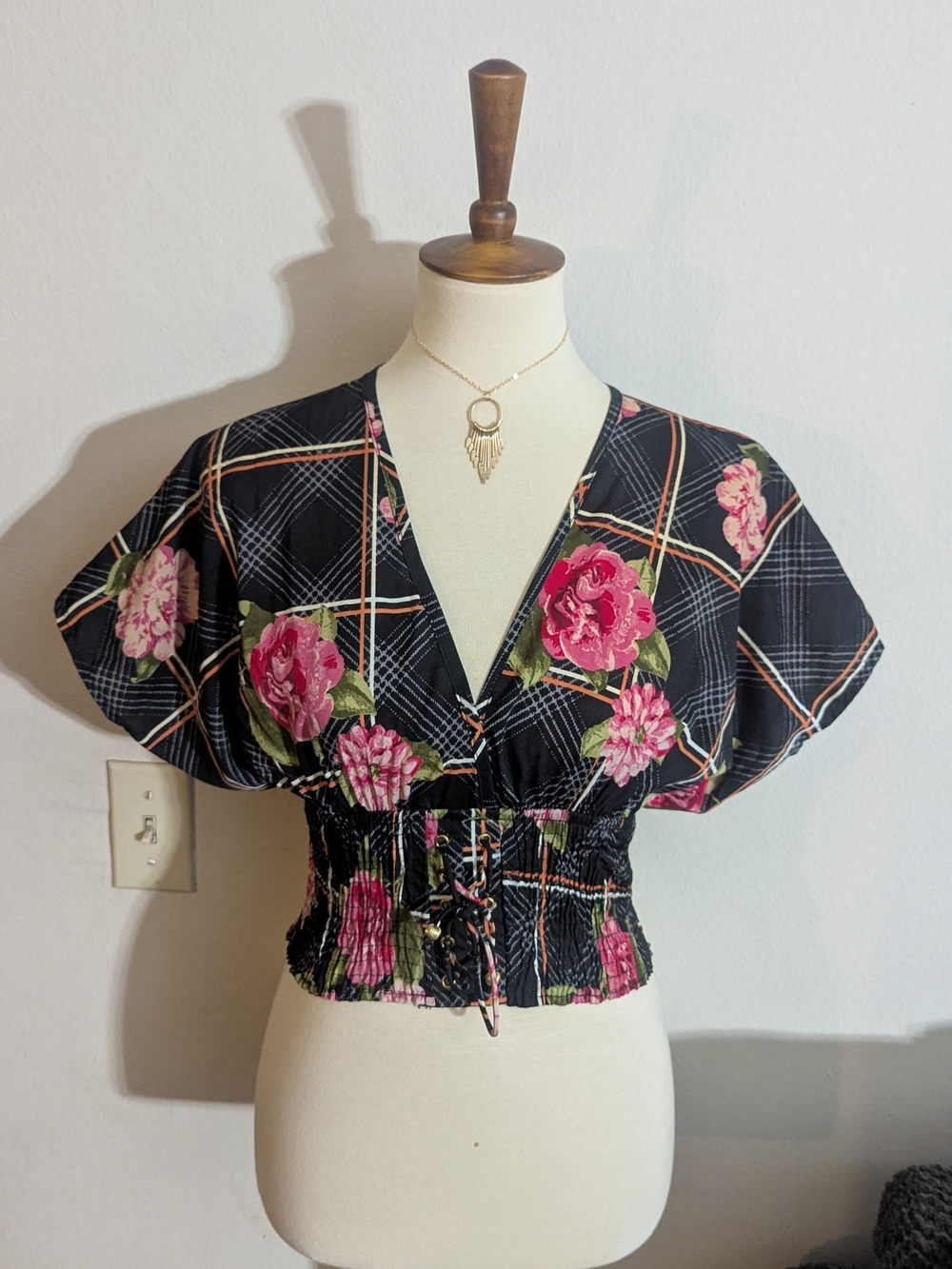 New Mileage Floral Plaid Lace Up Corset Crop Top Size S